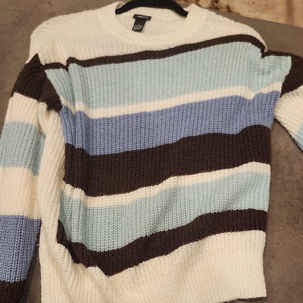 Rue21 Blue and Brown Crewneck Sweater with Striped Design